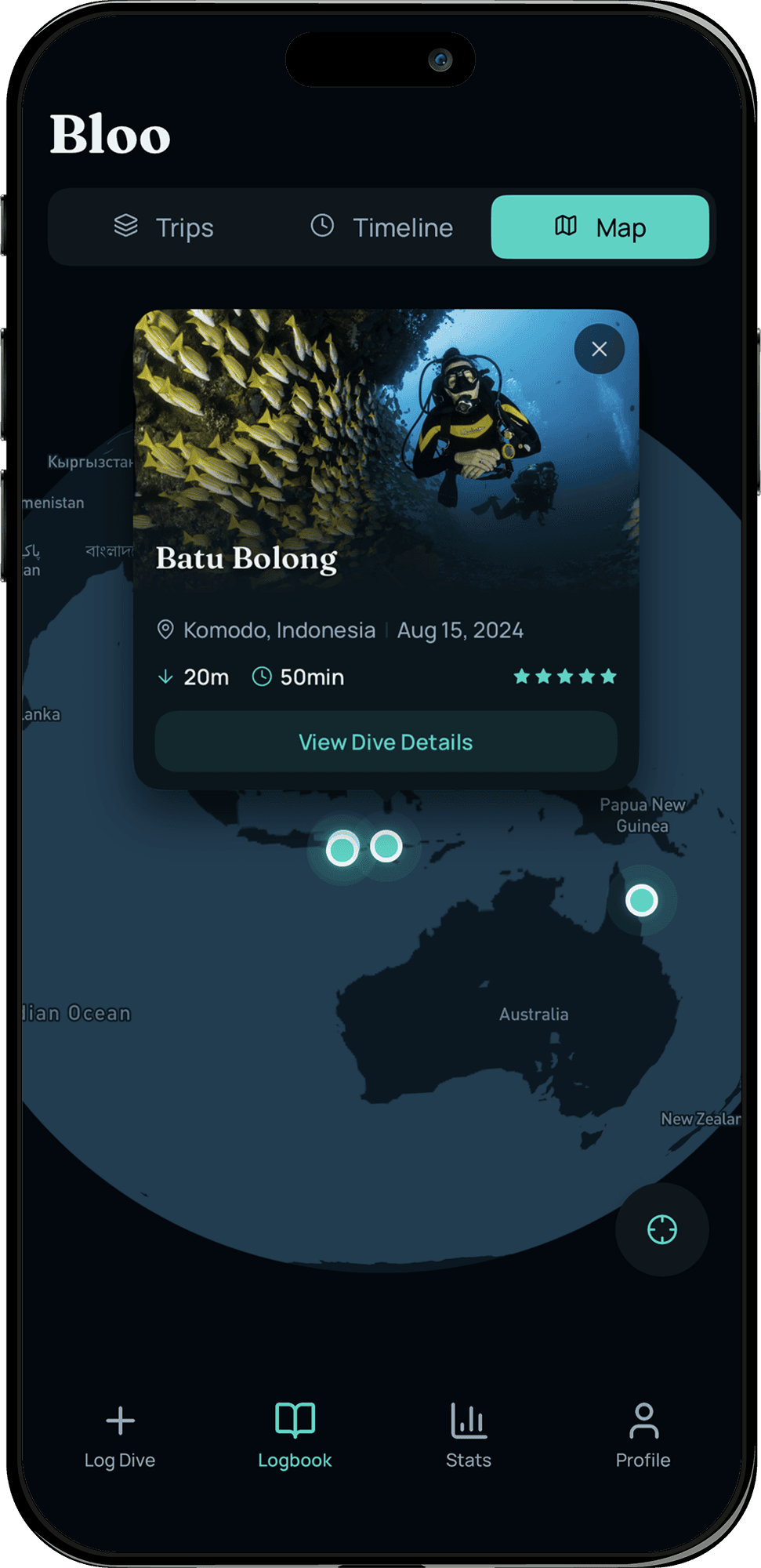 Bloo app showing the interactive dive map with a dive logged at Batu Bolong, Komodo, Indonesia