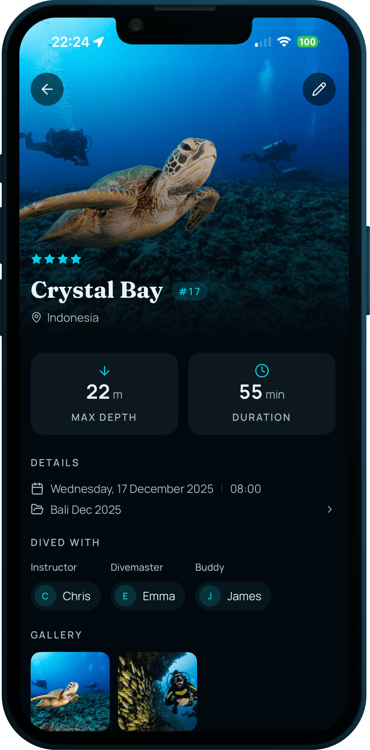 Bloo dive detail screen — a turtle photo from Crystal Bay with depth, duration, the buddies you dived with, and a photo gallery