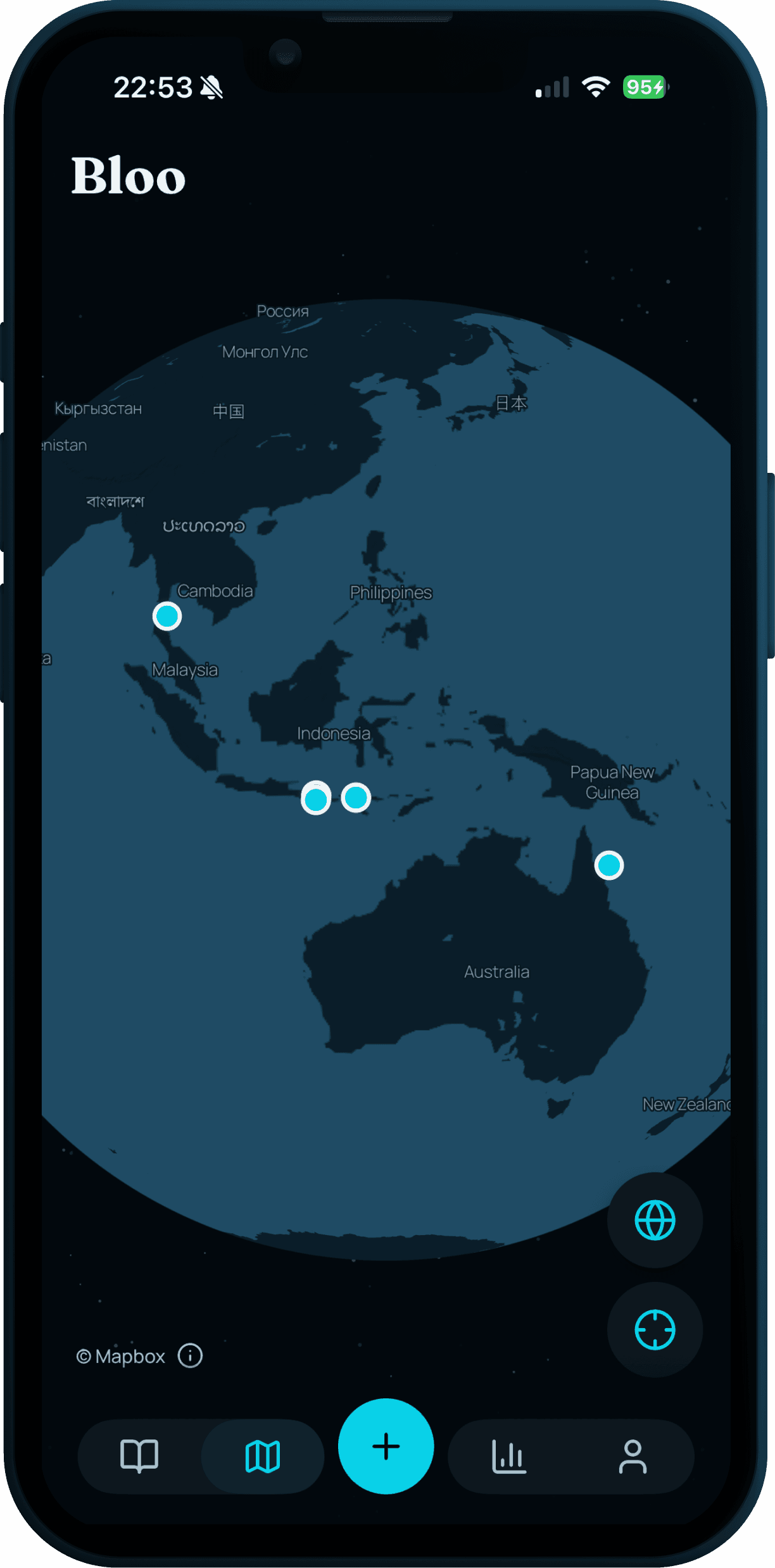 Bloo globe map showing logged dive sites across Indonesia and the Pacific